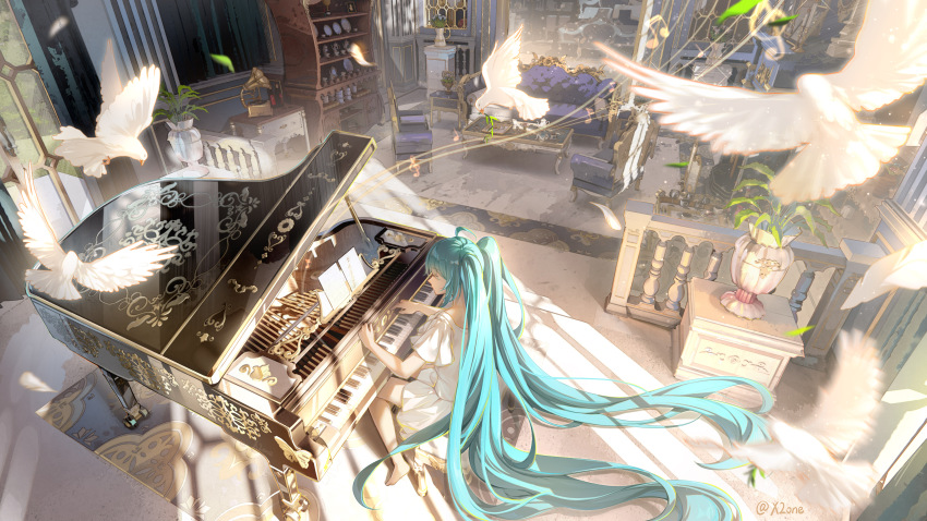 1girl absurdly_long_hair absurdres ahoge aqua_hair bare_arms bare_legs barefoot bird bottle chair closed_eyes closed_mouth coffee_table commentary_request couch cup day dove dress from_above glass gold_trim grand_piano hair_between_eyes hamilundenongdizhe hatsune_miku highres indoors instrument long_hair mirror music phonograph piano piano_bench plant plate playing_instrument porcelain sheet_music shelf short_sleeves signature sitting solo sunlight table twintails vase very_long_hair vocaloid white_dress wine_bottle