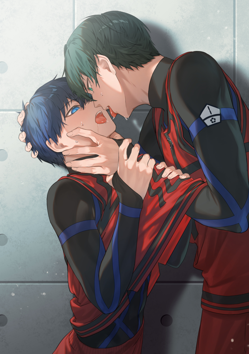 2boys absurdres black_shirt blue_eyes blue_hair blue_lock green_eyes green_hair highres isagi_yoichi itoshi_rin jersey long_sleeves male_focus multiple_boys open_mouth red_vest saliva saliva_swap saliva_trail shadow shirt short_hair soccer teeth tongue tongue_out turtleneck turtleneck_shirt udality upper_body vest yaoi