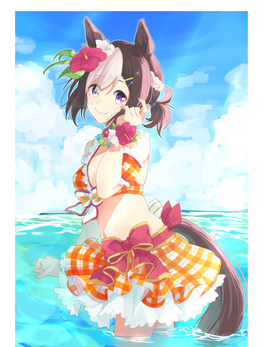 1girl absurdres animal_ears artist_name bikini bikini_skirt braid brown_hair commentary crown_braid daiwa_uho flower from_side front-tie_bikini_top front-tie_top hair_clipper hair_flower hair_ornament hair_tie hair_up hand_in_own_hair hibiscus highres horizon horse_ears horse_girl horse_tail jewelry looking_at_viewer medium_hair multicolored_hair necklace ocean official_alternate_costume orange_bikini pearl_necklace plaid_bikini plaid_clothes purple_eyes short_hair short_ponytail signature solo special_week_(hopping_vitamin_heart)_(umamusume) special_week_(umamusume) standing swimsuit tail umamusume wading white_hair wind