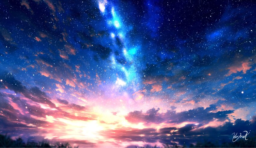 blue_sky blurry blurry_foreground cloud cloudy_sky evening galaxy gradient_sky highres kumeki_(kk4615) no_humans orange_sky original outdoors scenery signature sky star_(sky) starry_sky