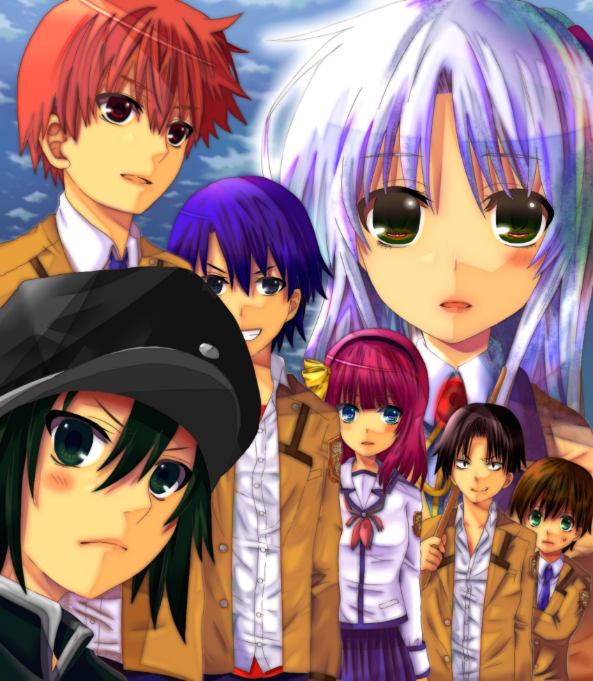 10s 2girls 6+boys angel_beats! fujimaki_(angel_beats!) highres hinata_hideki kousaka multiple_boys multiple_girls naoi_ayato ooyama_(angel_beats!) otonashi_yuzuru school_uniform tenshi_(angel_beats!) nakamura_yuri