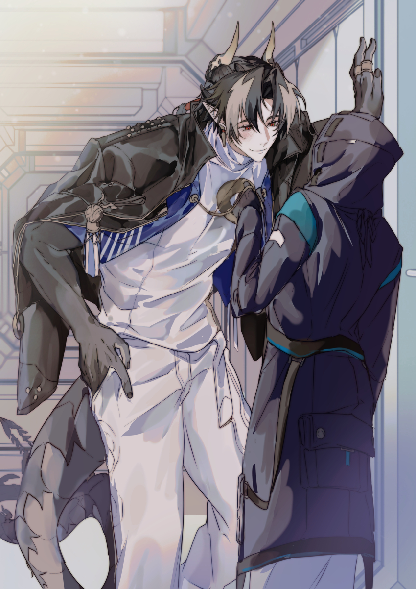 1boy 1girl absurdres arknights black_coat black_hair black_jacket blush chongyue_(arknights) coat doctor_(arknights) dragon_boy dragon_horns dragon_tail female_doctor_(arknights) hand_in_pocket hand_on_own_hip hetero highres horns indoors jacket long_hair low_ponytail pointy_ears tail walhee221