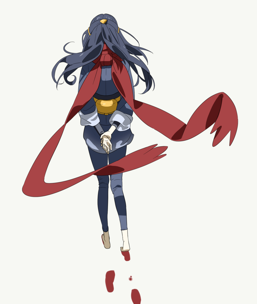 1girl 987645321o absurdres akari_(pokemon) barefoot black_hair blood bloody_footprints creatures_(company) footprints from_behind galaxy_expedition_team_survey_corps_uniform game_freak grey_jacket hair_ornament highres jacket nintendo pokemon pokemon_legends:_arceus red_scarf scarf white_background