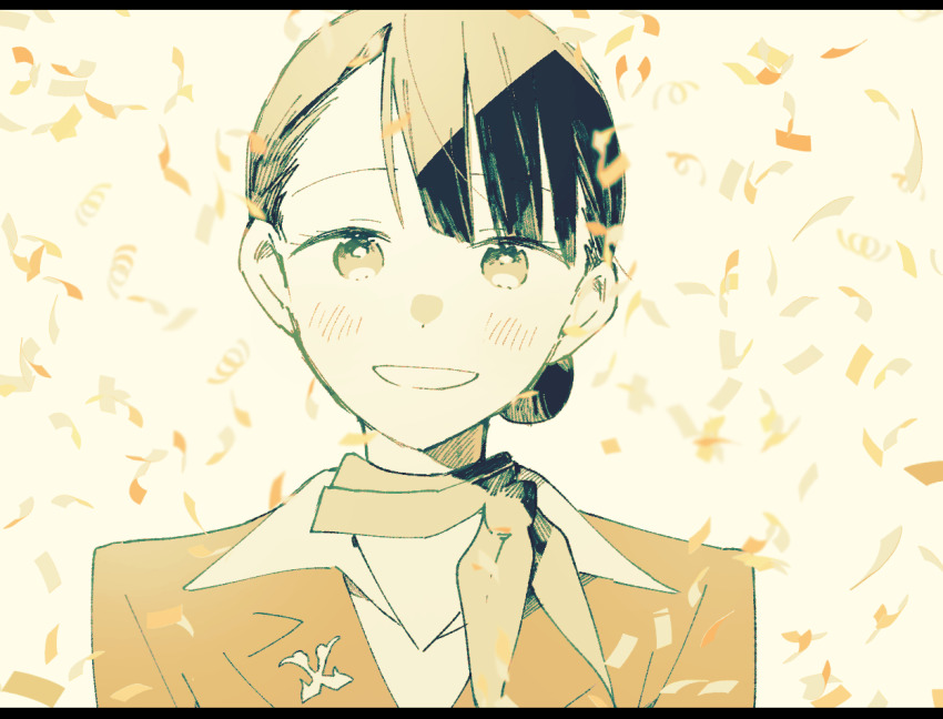 1girl akino_(concierge) confetti hokkyoku_hyakkaten_no_concierge-san lapel_pin looking_at_viewer monochrome neck_ribbon parted_bangs ribbon short_hair smile solo sora_mame_(7799374) upper_body