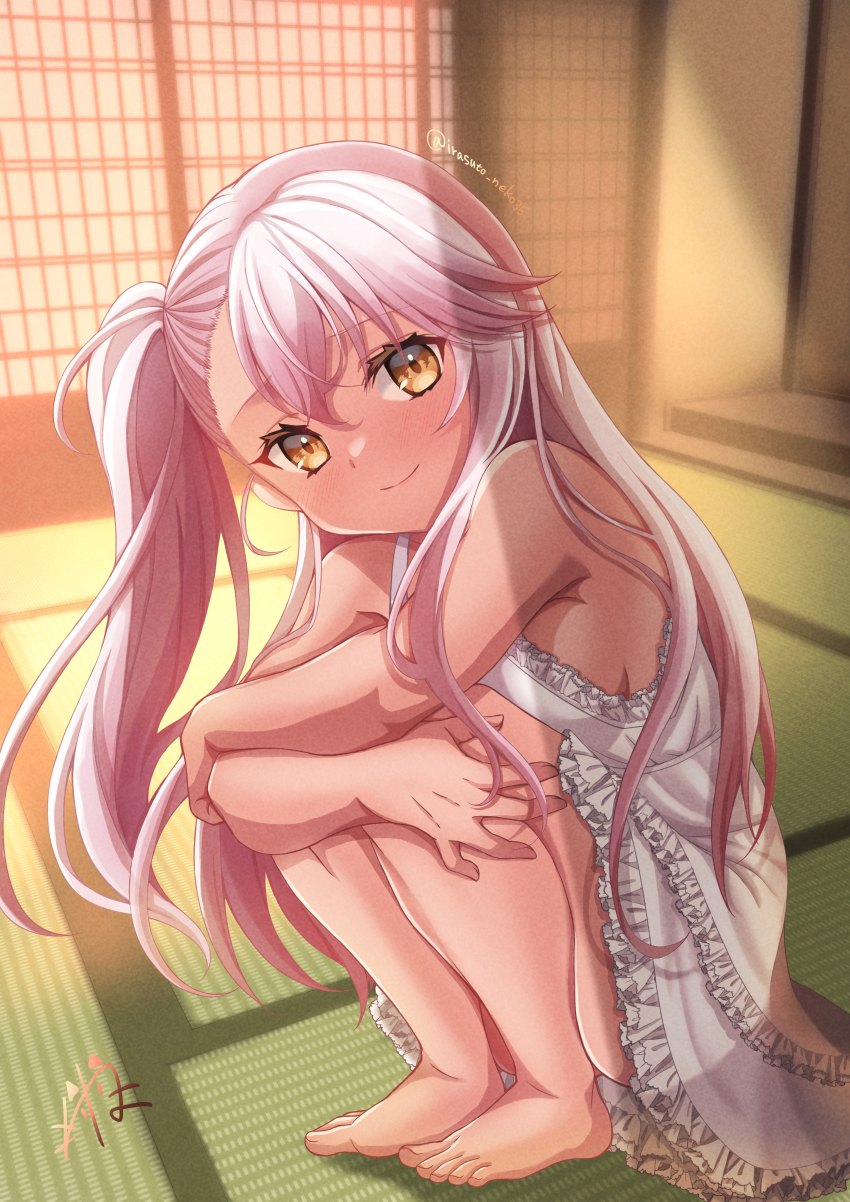 1girl absurdres bare_shoulders barefoot blush breasts chloe_von_einzbern dark-skinned_female dark_skin dress fate/kaleid_liner_prisma_illya fate_(series) hair_between_eyes highres irasuto_neko35 long_hair looking_at_viewer one_side_up orange_eyes pink_hair sidelocks small_breasts smile solo squatting white_dress