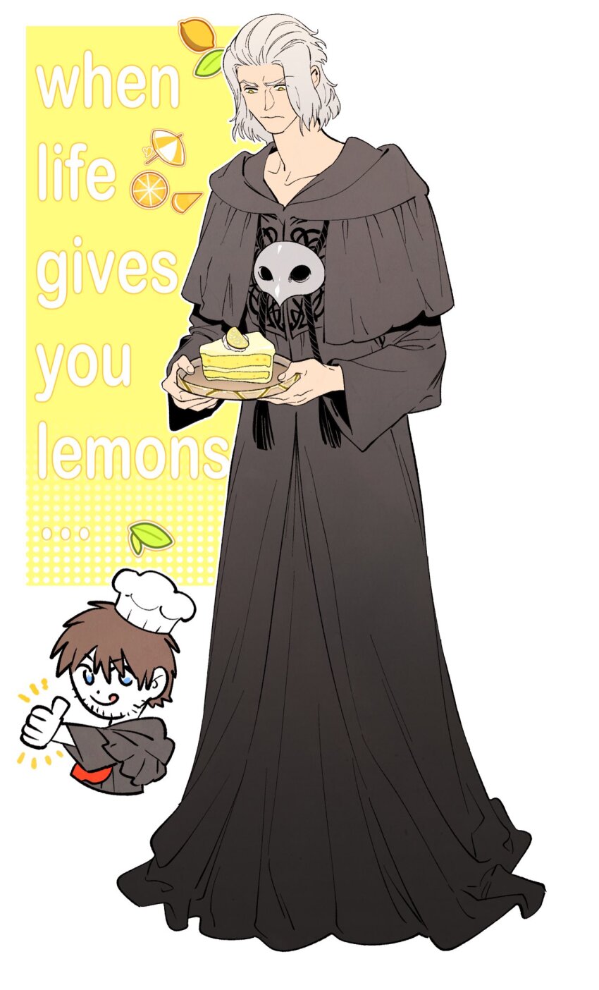 2boys 5altybitter5 :p black_robe cake cake_slice chibi chibi_inset closed_mouth emet-selch english_text final_fantasy final_fantasy_xiv food frown fruit grey_hair highres holding holding_food holding_tray lemon lemon_cake lemon_slice long_sleeves male_focus mask mask_around_neck multiple_boys robe solo_focus sophist&#039;s_robe_(ff14) thumbs_up tongue tongue_out tray warrior_of_light_(ff14)