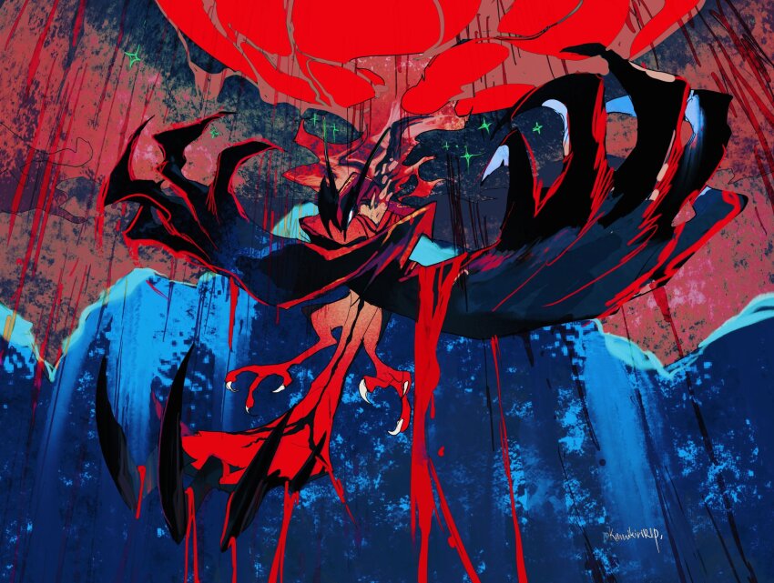 attack clawed_wings claws creatures_(company) full_body game_freak gen_6_pokemon highres kamikiririp legendary_pokemon nintendo no_humans pokemon pokemon_(creature) solo talons twitter_username wings yveltal