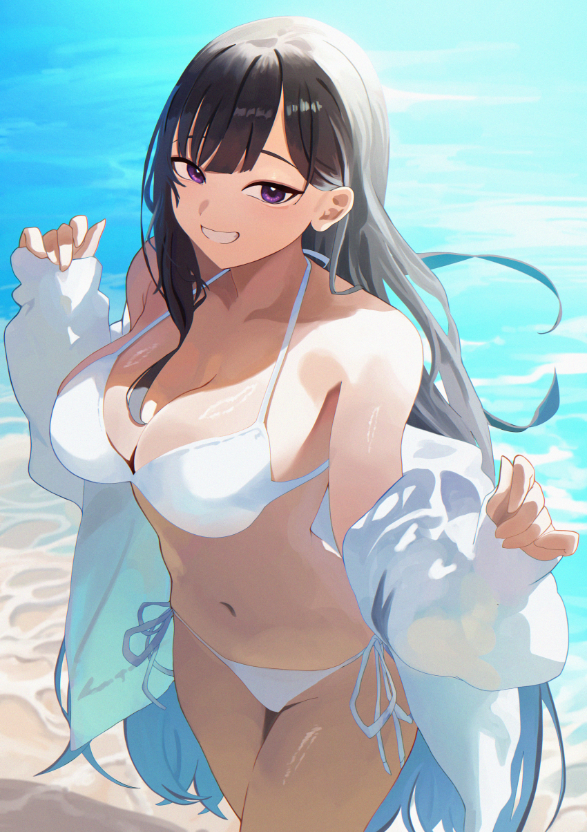 1girl absurdres beach bikini black_hair breasts cleavage cowboy_shot grin highres jacket large_breasts long_hair open_clothes open_jacket original purple_eyes shingetsu_(pixiv92478627) side-tie_bikini_bottom smile solo standing swimsuit water white_bikini white_jacket