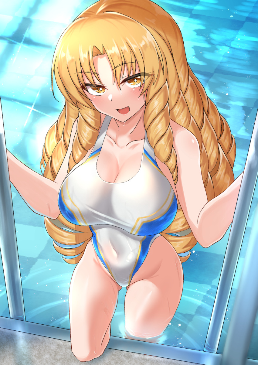 1girl bare_shoulders blonde_hair blush breasts brown_eyes cleavage collarbone covered_navel coyomin drill_hair fate/kaleid_liner_prisma_illya fate_(series) highleg highleg_one-piece_swimsuit highres large_breasts long_hair looking_at_viewer luviagelita_edelfelt one-piece_swimsuit open_mouth parted_bangs pool poolside quad_drills smile solo swimsuit thighs very_long_hair wet white_one-piece_swimsuit