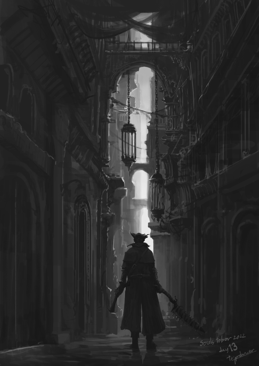 1other ambiguous_gender artist_name bloodborne boots building cage chain facing_away from_behind gloves greyscale gun handgun hat highres holding holding_gun holding_weapon hunter_(bloodborne) jacket long_sleeves monochrome outdoors saw saw_cleaver tricorne tripdancer weapon