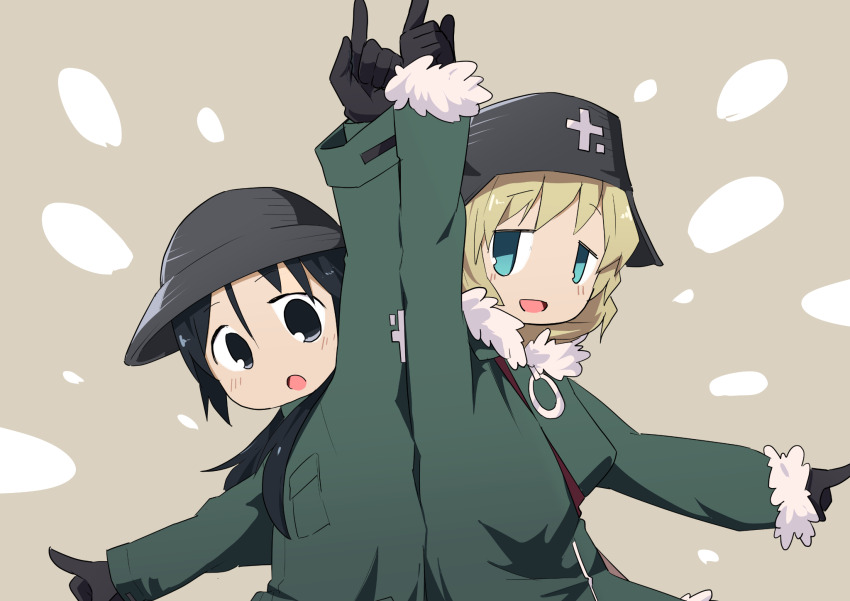 2girls arm_up back-to-back black_gloves black_hair blonde_hair blue_eyes chito_(shoujo_shuumatsu_ryokou) fur-trimmed_jacket fur_trim gloves green_jacket grey_background helmet highres jacket kanisawa_yuuki multiple_girls open_mouth pointing pointing_up shoujo_shuumatsu_ryokou twintails webp-to-png_conversion yuuri_(shoujo_shuumatsu_ryokou)