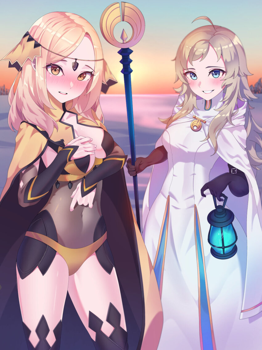 2girls bay_skecth blonde_hair bodystocking circlet commission cosplay costume_switch fire_emblem fire_emblem_fates gloves gold_cape highres jewelry long_hair multiple_girls nintendo octopath_traveler ophelia_(fire_emblem) ophelia_(fire_emblem)_(cosplay) ophilia_clement ophilia_clement_(cosplay) panties second-party_source smile staff underwear yellow_panties