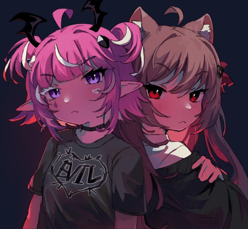 2girls :&lt; ahoge animal_ear_fluff animal_ears black_background black_cardigan black_choker black_shirt black_skirt blunt_bangs brown_hair camila_(vtuber) cardigan cat_ears cat_girl choker closed_mouth colored_eyelashes commentary crossed_arms diamond_facial_mark english_commentary evil_neuro-sama facial_mark fang from_side hair_between_eyes hair_intakes hair_ornament hair_ribbon head_wings heart heart_hair_ornament highres indie_virtual_youtuber long_hair looking_at_viewer medium_hair mismatched_eyebrows multiple_girls pasharuu pink_hair pointy_ears purple_eyes red_eyes red_ribbon ribbon shirt short_sleeves simple_background skin_fang skirt t-shirt upper_body v-shaped_eyebrows virtual_youtuber white_hair white_shirt wings