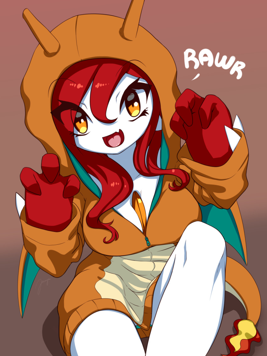 1girl alternate_color alternate_shiny_pokemon bottomless breasts brown_background charizard charizard_(cosplay) claw_pose collarbone colored_skin creatures_(company) fake_tail fake_wings fang female_focus game_freak gardevoir gen_1_pokemon gen_3_pokemon hair_between_eyes hands_up happy hood hood_up hooded_sweater junjie-oyan knee_up large_breasts long_hair long_sleeves looking_at_viewer multicolored_skin nintendo open_mouth orange_eyes orange_sweater pokemon pokemon_(creature) red_hair red_skin sidelocks simple_background sitting skin_fang smile solo sweater tail tongue two-tone_skin white_skin wings