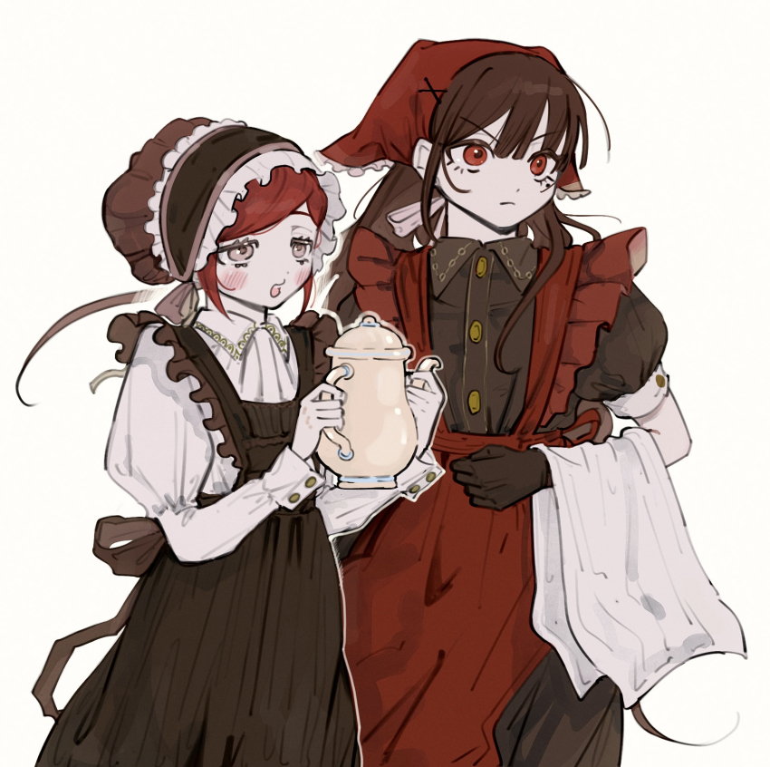 2girls :o alternate_costume apron black_dress black_gloves blush brown_eyes brown_hair commentary danganronpa_(series) danganronpa_v3:_killing_harmony dress frown gloves hair_ornament hands_up harukawa_maki headdress highres holding juliet_sleeves long_hair long_sleeves mole mole_under_eye morning_(d0nteat) multiple_girls puffy_short_sleeves puffy_sleeves red_apron red_eyes short_sleeves towel twintails v-shaped_eyebrows white_dress x_hair_ornament yumeno_himiko