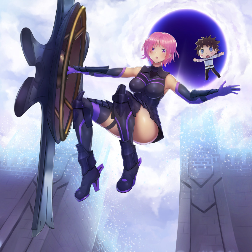 1boy 1girl absurdres armored_boots black_pants blush bodysuit boots breasts brown_hair chaldea_combat_uniform chibi elbow_gloves fate/grand_order fate_(series) fujimaru_ritsuka_(male) gloves hair_over_one_eye high_heel_boots high_heels highres jacket large_breasts mash_kyrielight mash_kyrielight_(demi-servant) outstretched_arms pants purple_eyes purple_hair shield skindentation thigh_strap thighhighs thighs warmcummies white_jacket