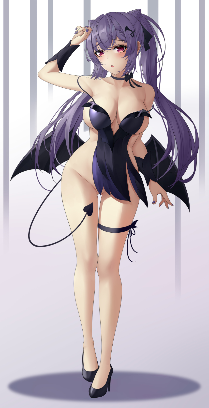 1girl absurdres breasts demon_girl demon_tail demon_wings full_body genshin_impact highres keqing_(genshin_impact) large_breasts nail_polish ningmengege purple_hair purple_nails revealing_clothes solo tail twintails wings