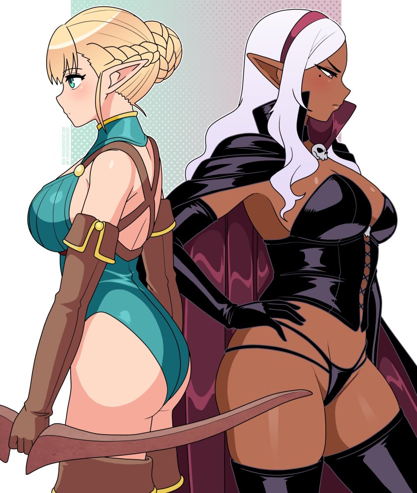 2girls absurdres backless_leotard black_bustier black_cloak blonde_hair blush boots bow_(weapon) breasts bustier cloak cropped_legs dark-skinned_female dark_elf dark_skin elbow_gloves elf elf-san_wa_yaserarenai. elfuda_(elf-san_wa_yaserarenai.) gloves green_eyes hair_bun hair_ornament highres kuroeda_(elf-san_wa_yaserarenai.) large_breasts leotard long_hair long_pointy_ears multiple_girls nico-neko pointy_ears red_eyes short_hair sideboob simple_background skull_hair_ornament standing thick_thighs thighhighs thighs weapon white_hair