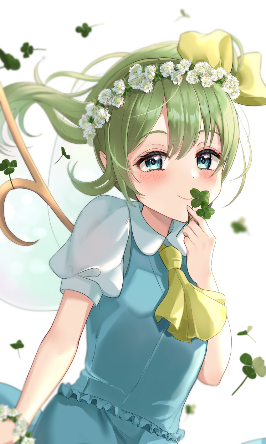 1girl absurdres aqua_vest clover cowboy_shot daiyousei fairy fairy_wings four-leaf_clover green_eyes green_hair hair_between_eyes highres holding holding_clover long_hair shirt side_ponytail solo touhou wheat_retzel white_shirt wings