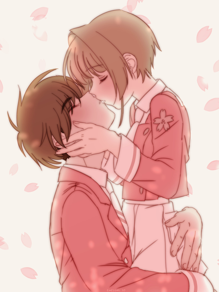 1boy 1girl blush brown_hair cardcaptor_sakura cardcaptor_sakura_clear_card_arc cherry_blossoms closed_eyes couple from_side hetero highres hug kinomoto_sakura kiss li_syaoran petals profile reichan-m school_uniform short_hair tomoeda_middle_school_uniform upper_body