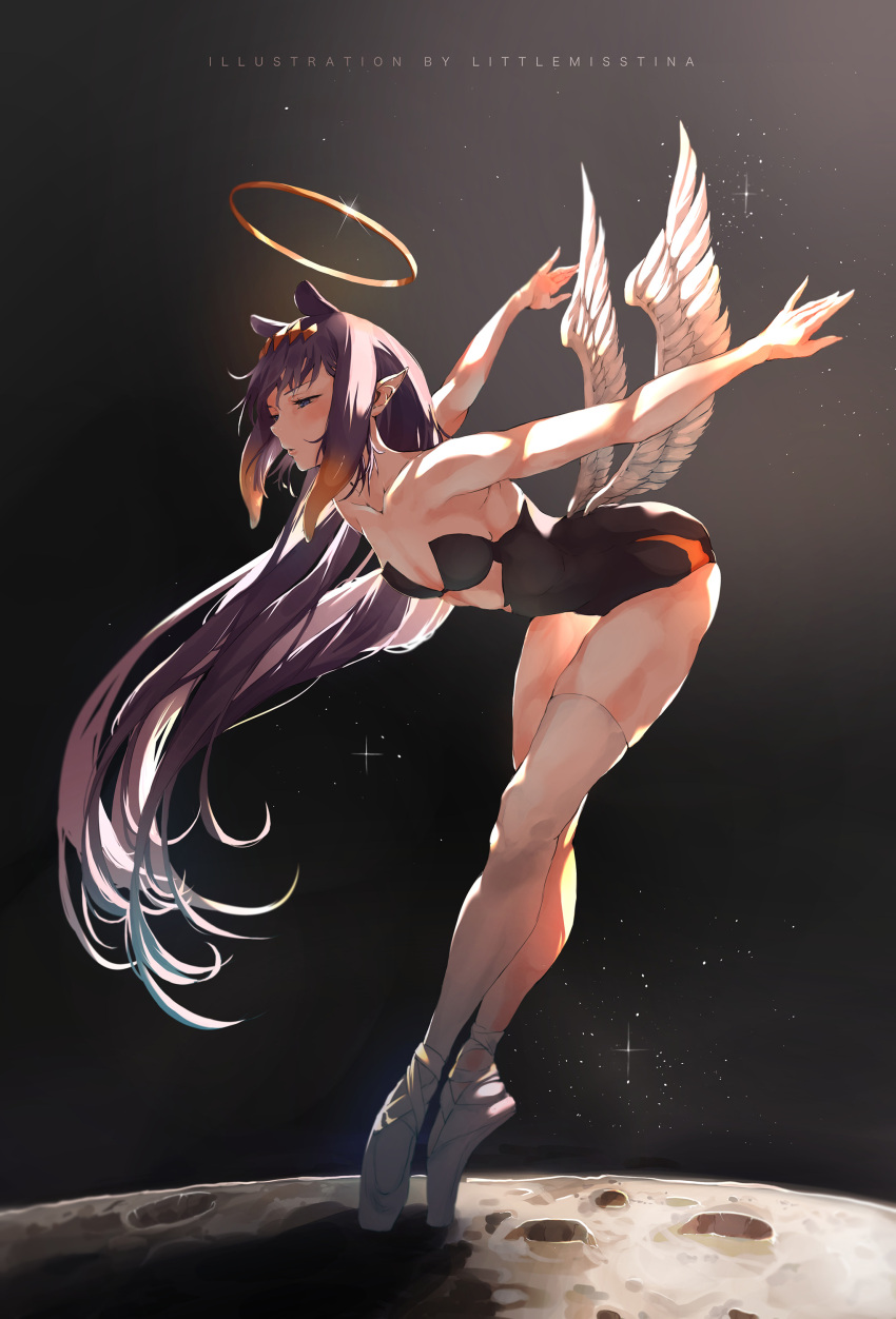 1girl absurdres ballerina ballet_slippers bare_shoulders blue_eyes en_pointe feathered_wings gradient_hair halo highres hololive hololive_english littlemisstina long_hair low_wings multicolored_hair ninomae_ina&#039;nis ninomae_ina&#039;nis_(1st_costume) orange_hair pointy_ears purple_hair sidelocks single_thighhigh solo tentacle_hair thighhighs very_long_hair virtual_youtuber white_wings wings