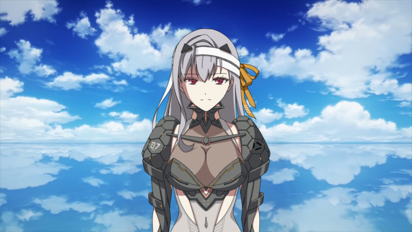 1girl armor armored_bodysuit bandaged_head bandages black_armor black_collar blue_sky breasts cleavage closed_mouth cloud cloudy_sky collar collared_bodysuit commentary_request covered_navel expressionless goddess_of_victory:_nikke grey_hair grey_leotard hair_between_eyes hair_ornament hair_ribbon highres kaneki_ken leotard long_hair medium_breasts modernia_(nikke) pupupuplus red_eyes reflective_floor ribbon shoulder_armor single_sidelock sky solo time_paradox tokyo_ghoul triangle_hair_ornament upper_body yellow_ribbon