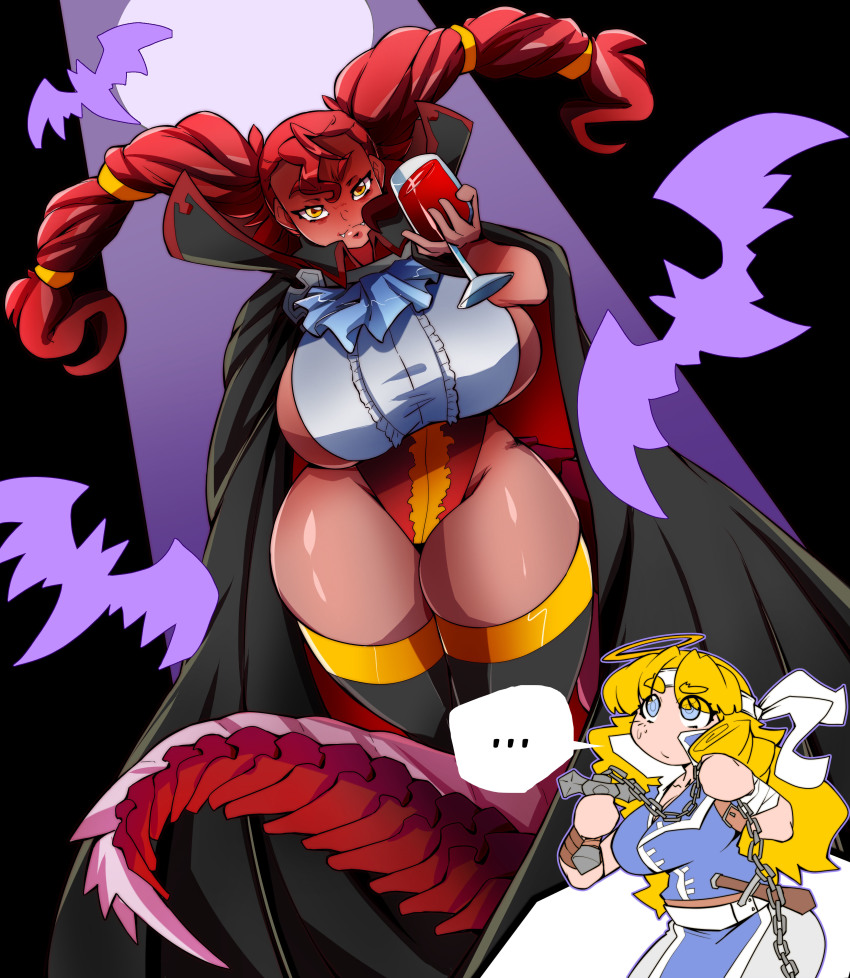 2girls absurdres bare_legs bare_shoulders bat_(symbol) black_cape blonde_hair blue_eyes boots braid breasts breasts_out cape cup curvy dark-skinned_female dark_skin dragon_tail dragoontequila drinking_glass fangs halloween halloween_costume highleg highleg_leotard highres holding holding_weapon large_breasts leotard lips long_hair looking_at_viewer mojito_(dragoontequila) monster_girl multiple_girls night night_sky original red_hair red_leotard shiny_skin simple_background sky smile swimsuit tail tequila_(dragoontequila) thigh_boots thighs thong_leotard twin_braids twintails vampire_costume weapon wide_hips wine_glass yellow_eyes