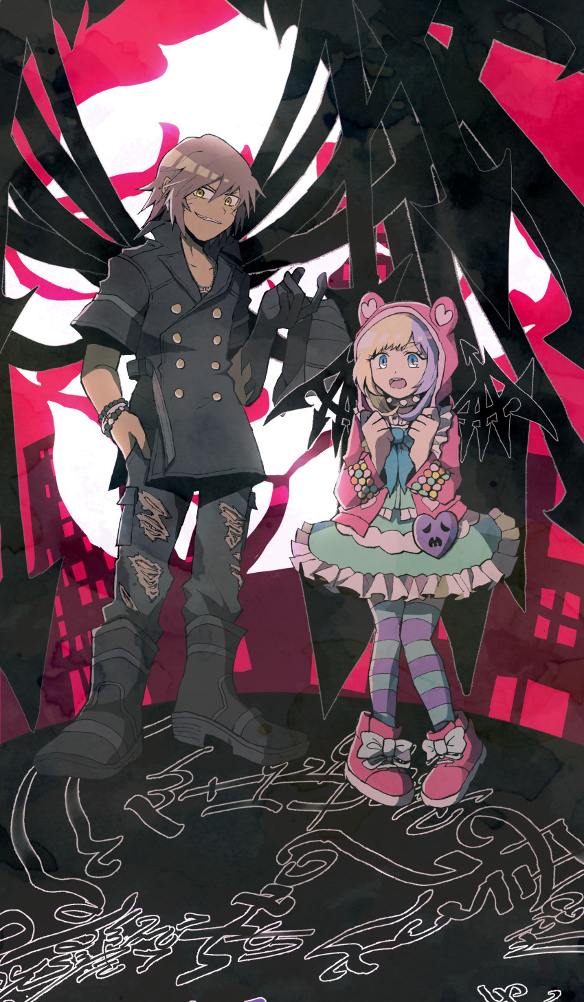 1boy 1girl absurdres animal_hood atarashi_coco black_wings blonde_hair blue_eyes boots bracelet city clenched_hands collar dark-skinned_male dark_skin dress facial_mark green_dress grey_hair hand_in_pocket highres hood hoodie jewelry knees_together_feet_apart minamimoto_sho multicolored_hair open_mouth pants pink_hoodie purple_hair smirk spiked_collar spiked_wings spikes spread_wings striped_legwear subarashiki_kono_sekai teeth torn_clothes torn_legwear torn_pants two-tone_hair vest waistcoat whisker_markings wings yellow_eyes