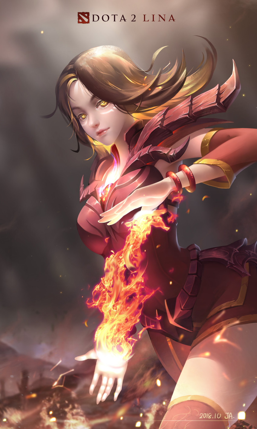 1girl absurdres armor breasts cleavage closed_mouth dota_(series) dota_2 dress fire highres ja1990 lina_inverse_(dota_2) lips long_hair looking_at_viewer orange_eyes orange_hair pauldrons red_dress red_sleeves red_thighhighs shoulder_armor smoke solo thighhighs