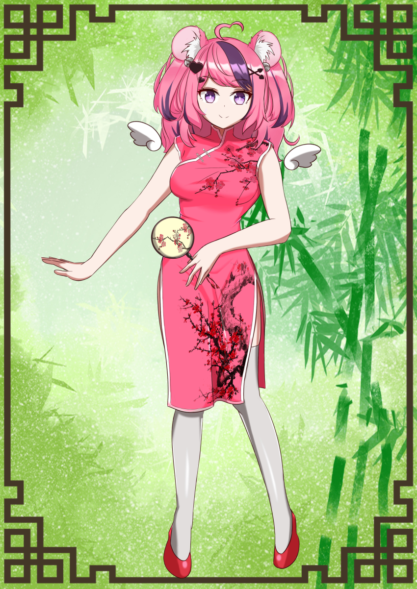 absurdres ahoge alternate_costume animal_ears china_dress chinese_clothes coconut_art commission commissioner_upload dress eyebrows hair_ornament hand_fan heart heart_hair_ornament highres holding holding_fan ironmouse looking_at_viewer mouse_ears mouse_girl multicolored_hair pink_dress pink_hair red_footwear sleeveless sleeveless_dress smile solo streaked_hair thighhighs virtual_youtuber vshojo wings