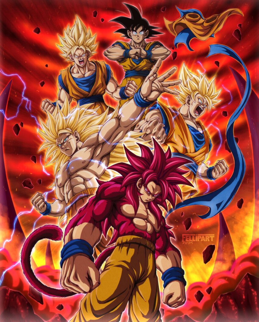 1boy black_hair blonde_hair body_fur commentary dougi dragon_ball dragon_ball_daima fellipart green_eyes highres long_hair male_focus monkey_boy monkey_tail muscular muscular_male orange_pants pants red_eyes red_fur red_hair saiyan solo son_goku spiked_hair super_saiyan super_saiyan_1 super_saiyan_2 super_saiyan_3 super_saiyan_4 tail