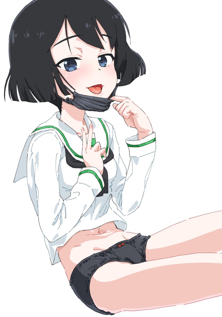 1girl black_hair black_panties blue_eyes blush breasts girls_und_panzer highres looking_at_viewer mask mask_pull monolith_(suibou_souko) mouth_mask navel ooarai_school_uniform open_mouth panties school_uniform short_hair simple_background small_breasts smile solo surgical_mask underwear utsugi_yuuki white_background