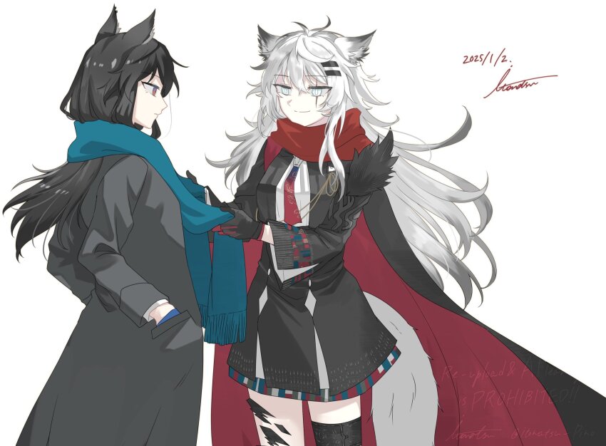 2girls animal_ears aqua_scarf arknights artist_name black_cape black_coat black_gloves black_hair bolo_tie cape closed_mouth coat commentary_request cowboy_shot dated dressing_another fringe_trim gloves hair_between_eyes hands_in_pockets highres itonatsu lappland_(arknights) lappland_the_decadenza_(arknights) long_hair long_sleeves material_growth multiple_girls necktie oripathy_lesion_(arknights) profile red_cape red_eyes red_gloves red_necktie red_scarf scar scar_across_eye scarf signature smile split_mouth standing texas_(arknights) two-sided_cape two-sided_fabric watermark white_eyes white_hair wolf_ears wolf_girl yuri