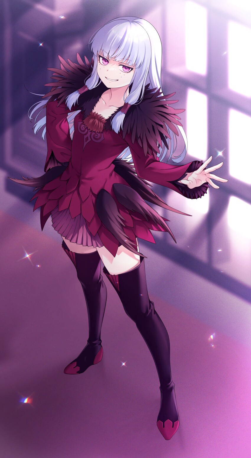 1girl absurdres agria_(tales) black_thighhighs boots commission e_(eokiba) freckles fur_trim grin hair_rings highres indoors long_hair looking_at_viewer low-tied_sidelocks purple_eyes skirt smile solo surcoat tales_of_(series) tales_of_xillia thigh_boots thighhighs white_hair window