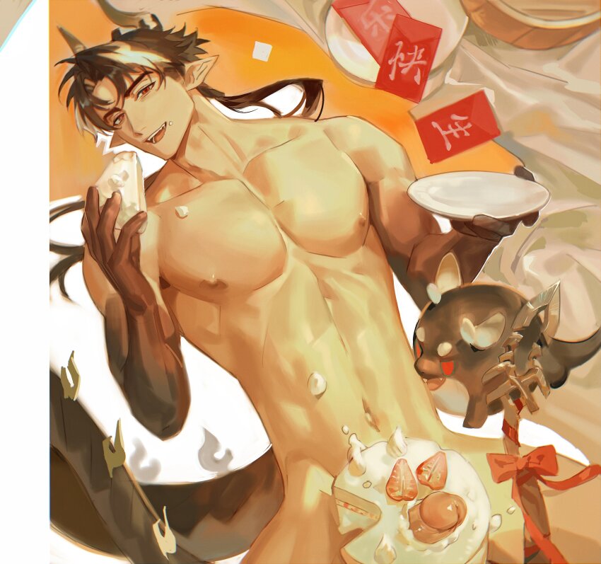 1boy absurdres arknights bara brown_hair cake cake_slice chinese_commentary chinese_zodiac code2_ip commentary_request completely_nude dragon_boy dragon_bubble_(arknights) dragon_horns dragon_tail eating erection food food_on_face highres holding holding_food holding_plate horns long_hair looking_at_viewer low_ponytail lying male_focus new_year nipples nude on_back penis plate pointy_ears red_eyes solo tail toned toned_male year_of_the_dragon