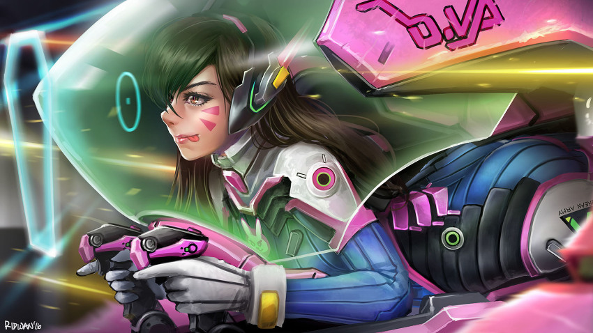 1girl :p ass bodysuit brown_hair cockpit d.va_(overwatch) facial_mark female_focus from_side highres licking_lips mecha meganerid meka_(overwatch) overwatch overwatch_1 robot solo tongue tongue_out whisker_markings