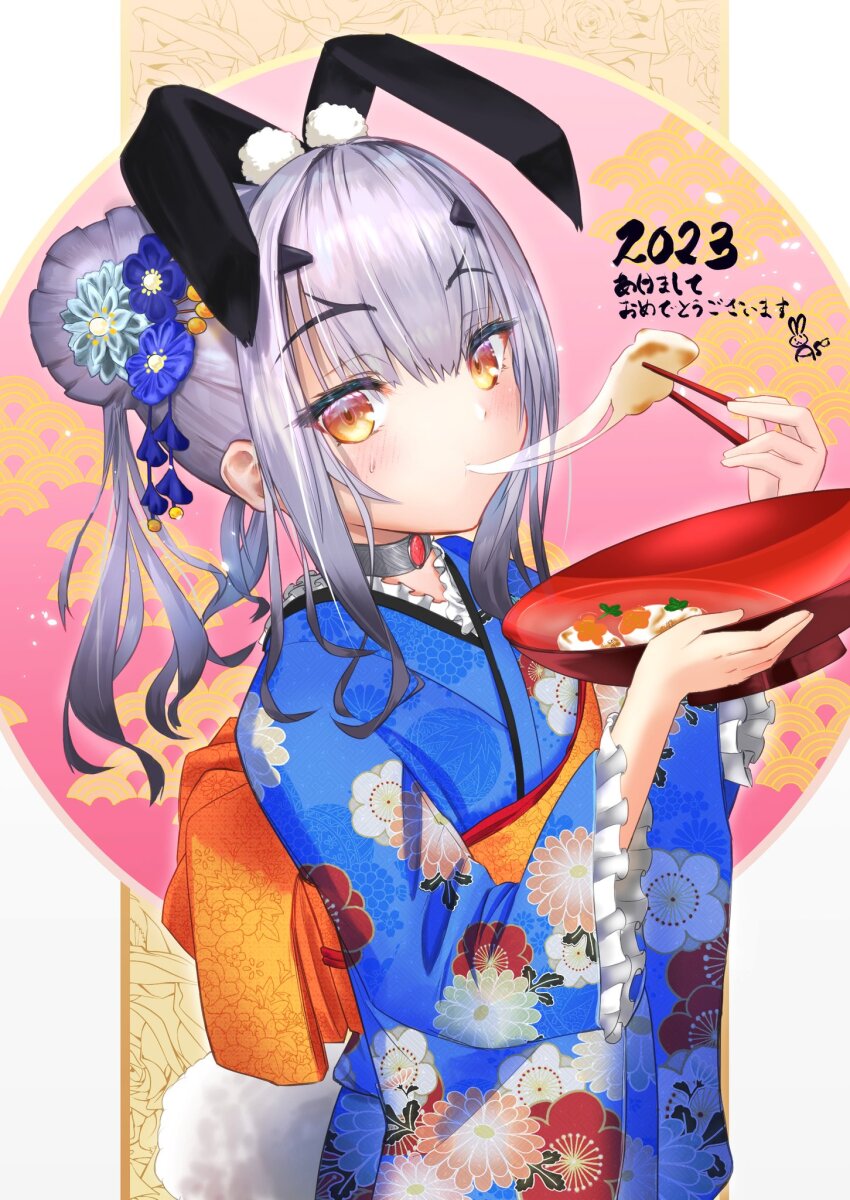 1girl animal_ears asobeco blue_kimono choker chopsticks commentary_request eating melusine_(fate) fate/grand_order fate_(series) floral_print flower hair_flower hair_ornament hairclip highres holding holding_chopsticks japanese_clothes kimono obi orange_eyes rabbit_ears sash solo translation_request white_hair