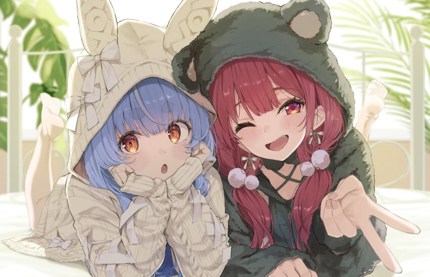 2girls :o ;d animal_ear_hood animal_ears anno_masato barefoot bed blue_hair bow earrings fake_animal_ears fang feet feet_up fingernails hair_ornament hands_on_own_chin highres hololive hood hood_up houshou_marine houshou_marine_(8th_costume) jewelry long_hair long_sleeves low_twintails lying multiple_girls official_alternate_costume on_bed on_stomach one_eye_closed open_mouth orange_eyes plant pom_pom_(clothes) pom_pom_hair_ornament rabbit-shaped_pupils rabbit_ears red_eyes red_hair red_pupils sleeves_past_wrists smile symbol-shaped_pupils teeth the_pose thick_eyebrows twintails upper_teeth_only usada_pekora usada_pekora_(casual) v virtual_youtuber white_bow zipper_pull_tab