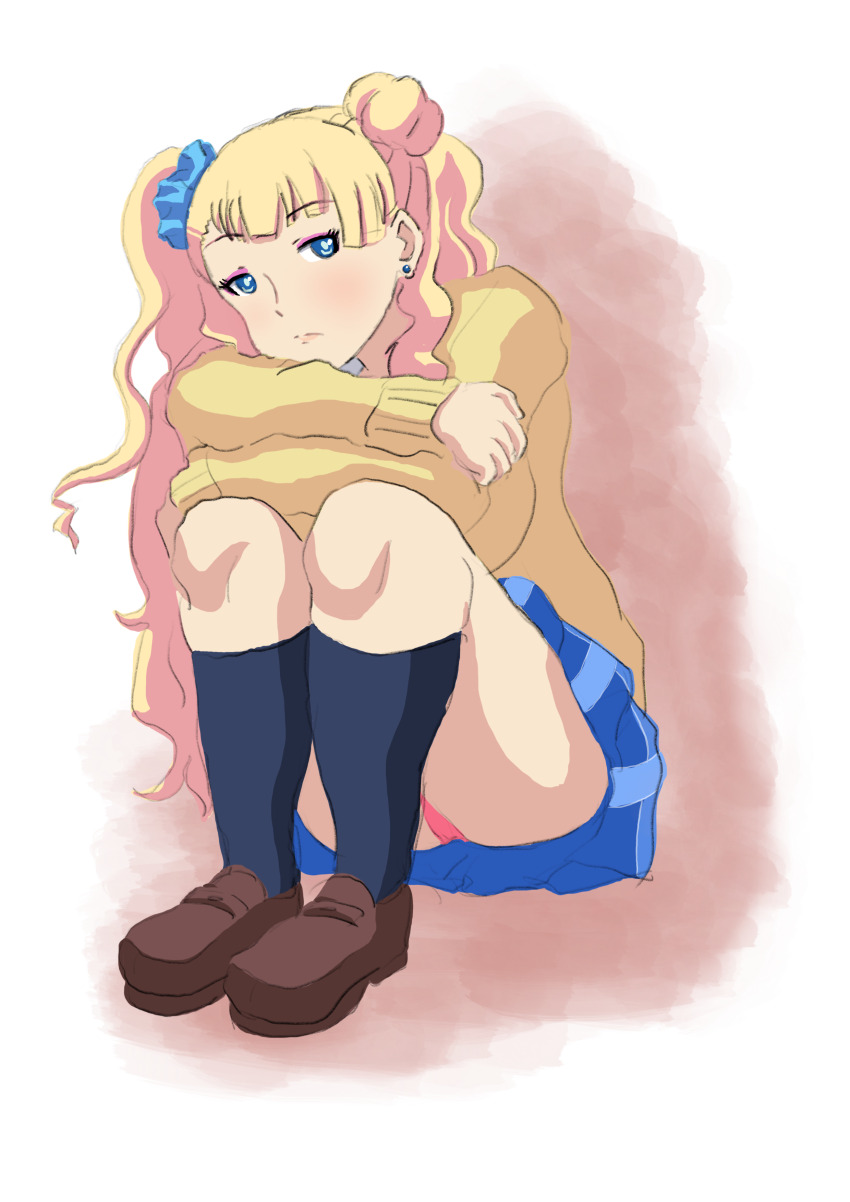 1girl absurdres black_socks blonde_hair blue_eyes galko gyaru highres makeup oshiete!_galko-chan panties pink_panties plaid_clothes plaid_skirt pleated_skirt school_uniform shoes skirt socks solo underwear