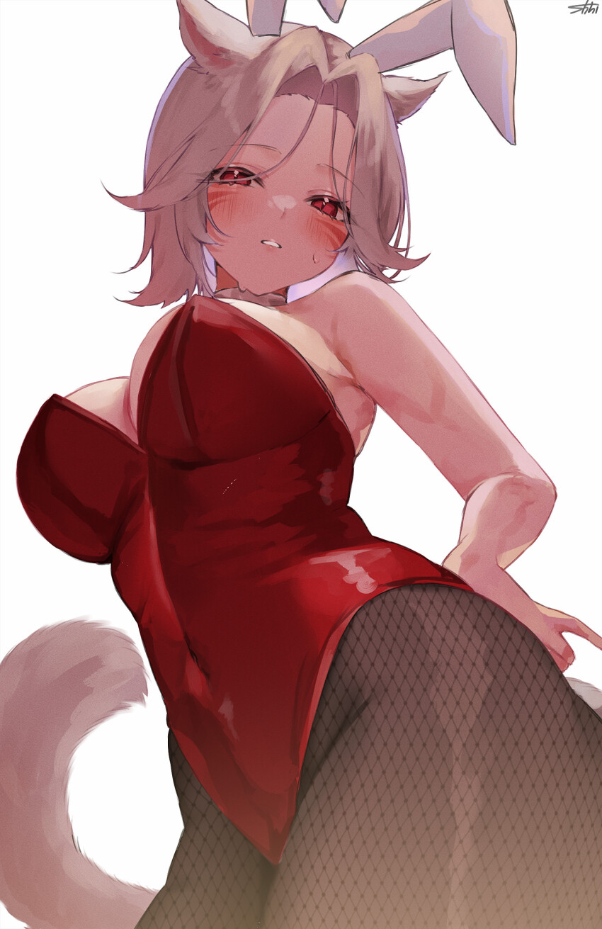 1girl animal_ears breasts brown_hair bunny_day cat_ears cat_girl cat_tail covered_navel facial_mark final_fantasy final_fantasy_xiv fishnet_pantyhose fishnets from_below highleg highleg_leotard highres large_breasts leotard looking_at_viewer miqo&#039;te paid_reward_available pantyhose playboy_bunny rabbit_ears red_eyes red_leotard shhilee short_hair signature simple_background solo strapless strapless_leotard sweat tail warrior_of_light_(ff14) whisker_markings white_background