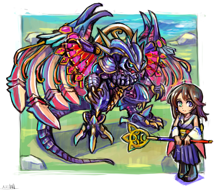 1girl bahamut_(final_fantasy) blue_eyes brown_hair chibi final_fantasy final_fantasy_x green_eyes heterochromia highres holding holding_staff monster oomasa_teikoku open_hands short_hair square_enix staff standing wings yuna