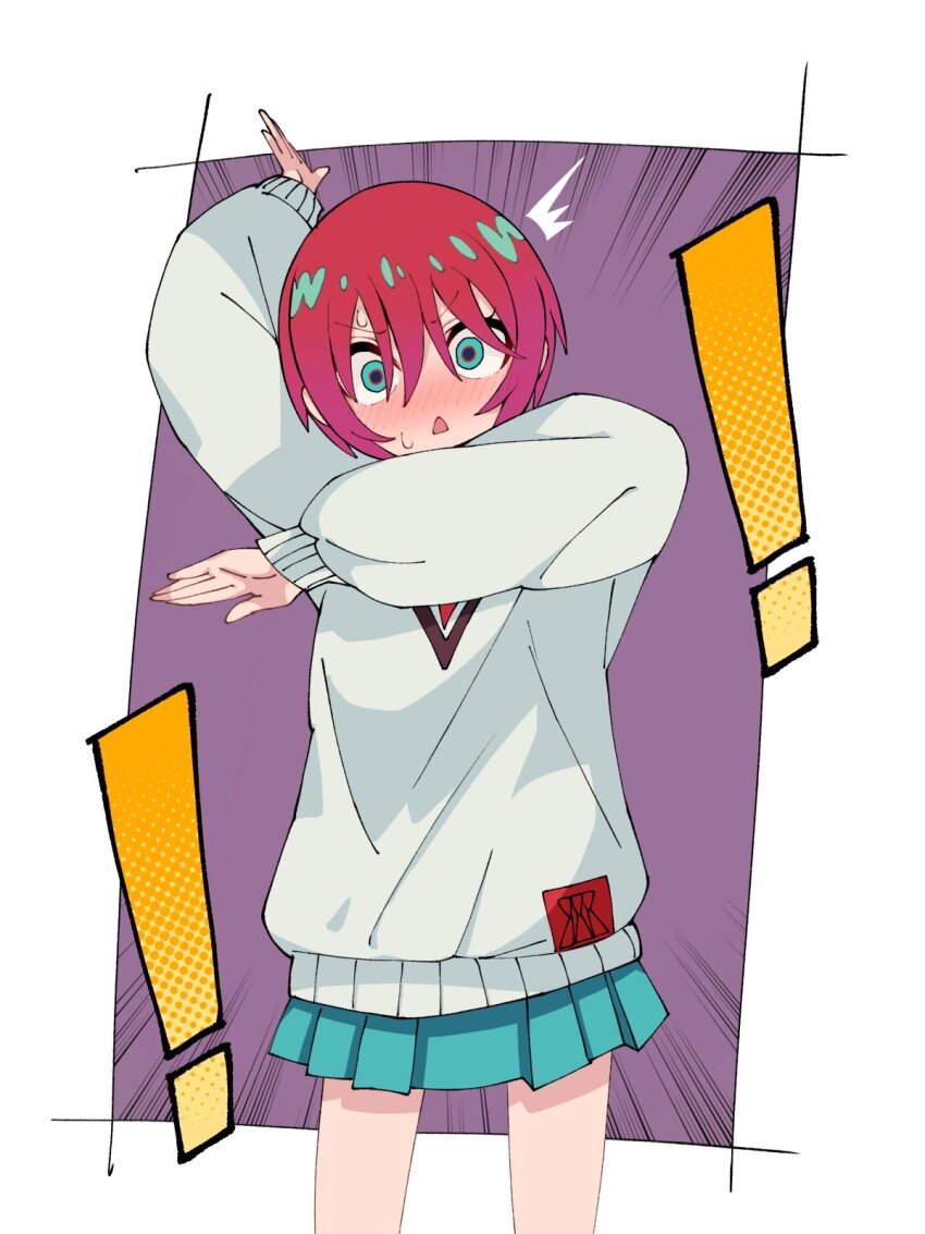 ! !! 1girl amate_yuzuriha aqua_eyes blush gundam gundam_gquuuuuux hand_up highres long_sleeves looking_at_viewer necktie open_mouth red_hair sabi1234 school_uniform shirt short_hair skirt solo surprised sweatdrop sweater