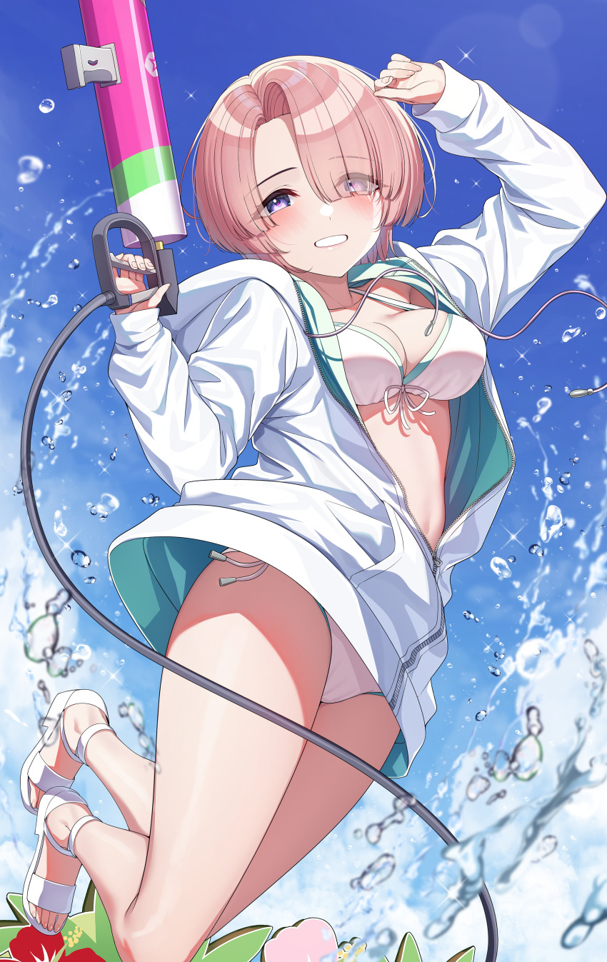 1girl absurdres arimura_mao asymmetrical_bangs bikini blush breasts commentary_request front-tie_bikini_top front-tie_top gakuen_idolmaster go-1 hair_over_one_eye halterneck highres holding holding_water_gun hood hooded_jacket idolmaster jacket kimi_to_semi_blue_(idolmaster) looking_at_viewer medium_breasts multicolored_bikini partially_unzipped pink_hair purple_eyes sandals short_hair side-tie_bikini_bottom side-tie_peek smile solo splashing string_bikini swimsuit toes two-sided_fabric two-sided_jacket two-tone_bikini water_gun white_bikini white_footwear white_jacket