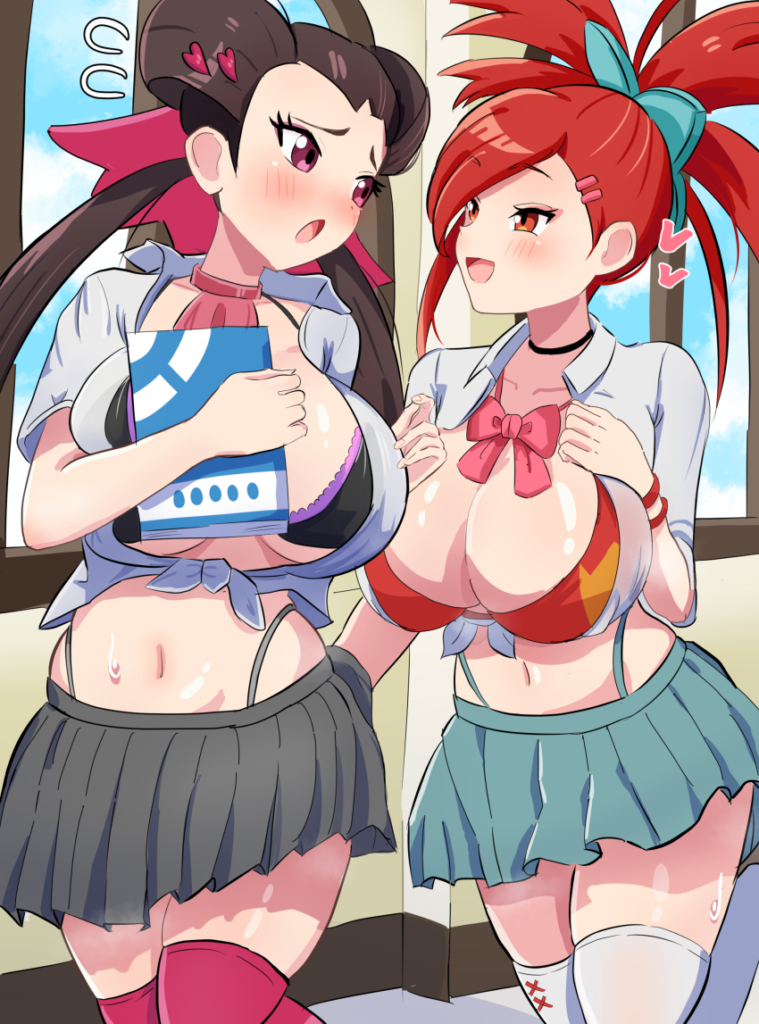 2girls absurdres amrbatafri black_bra blush book bra breasts brown_hair cleavage creatures_(company) flannery_(pokemon) game_freak green_skirt gyaru highres holding holding_book indoors large_breasts long_hair looking_at_another midriff multiple_girls navel neck_ribbon nintendo open_mouth partially_unbuttoned pink_eyes pokemon ponytail red_bra red_eyes red_hair red_ribbon red_thighhighs ribbon roxanne_(pokemon) shirt skirt thighhighs thighs tied_shirt twintails underwear white_shirt white_thighhighs