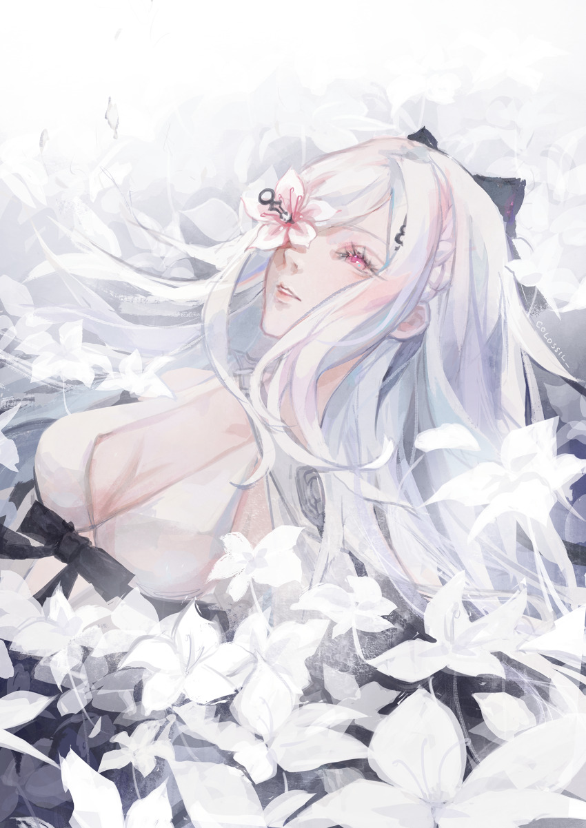 1girl artist_name black_bow bow braid breasts cleavage colossil commentary drag-on_dragoon drag-on_dragoon_3 dress english_commentary flower flower_in_eye hair_bow highres long_hair parted_lips pink_eyes solo symbol_in_eye too_many_flowers upper_body white_dress white_flower white_hair zero_(drag-on_dragoon)