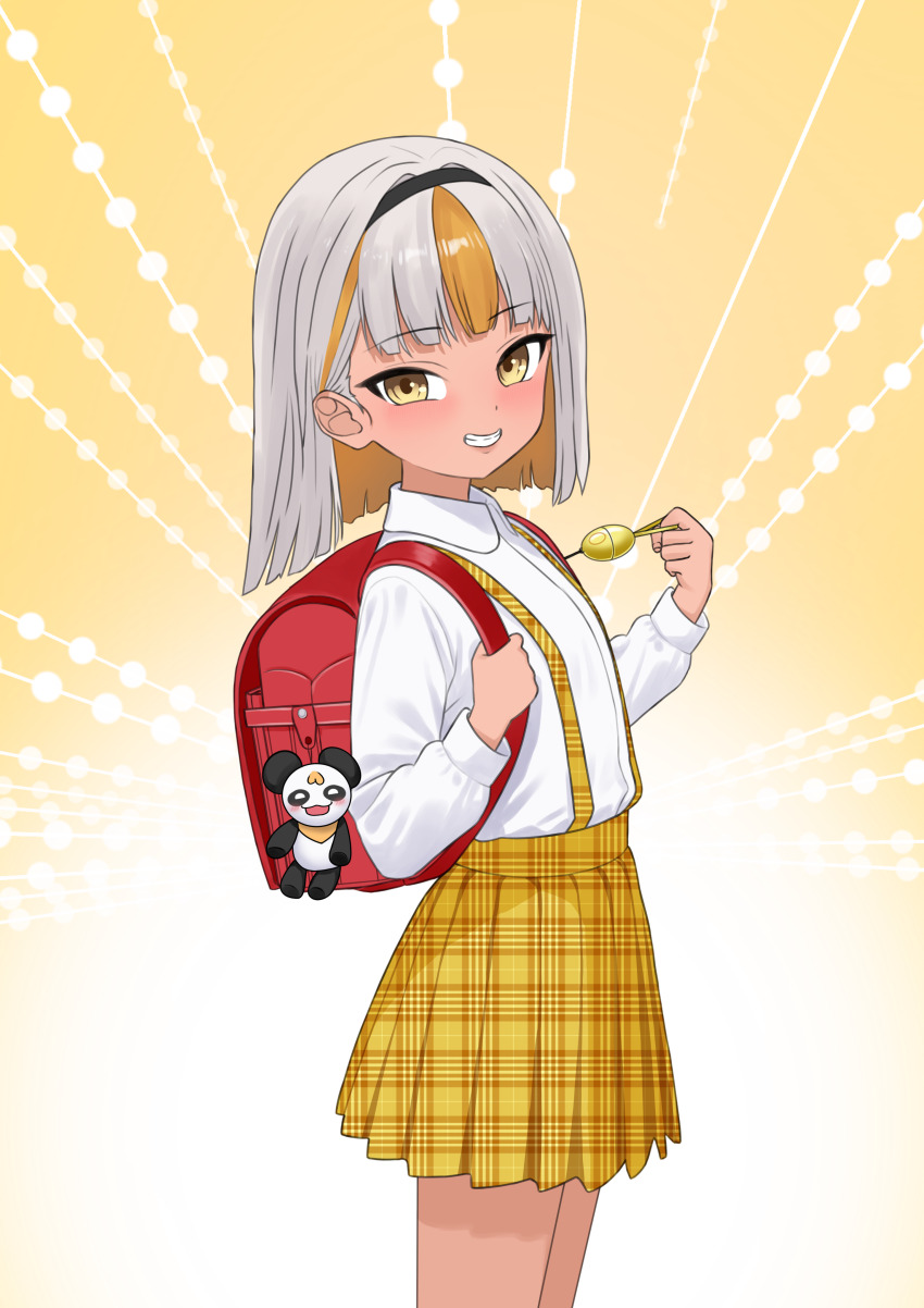 1girl absurdres aged_down backpack bag black_hairband blonde_hair crime_prevention_buzzer golbang grey_hair hairband highres indie_virtual_youtuber park_dona plaid_clothes plaid_skirt randoseru red_bag shirt short_hair skirt smile suspender_skirt suspenders tan virtual_youtuber white_shirt yellow_eyes yellow_skirt