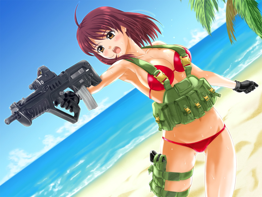 Tonbidou Original 1girl Ahoge Aiming Armpits Assault Rifle Beach Bikini Blush Breasts 