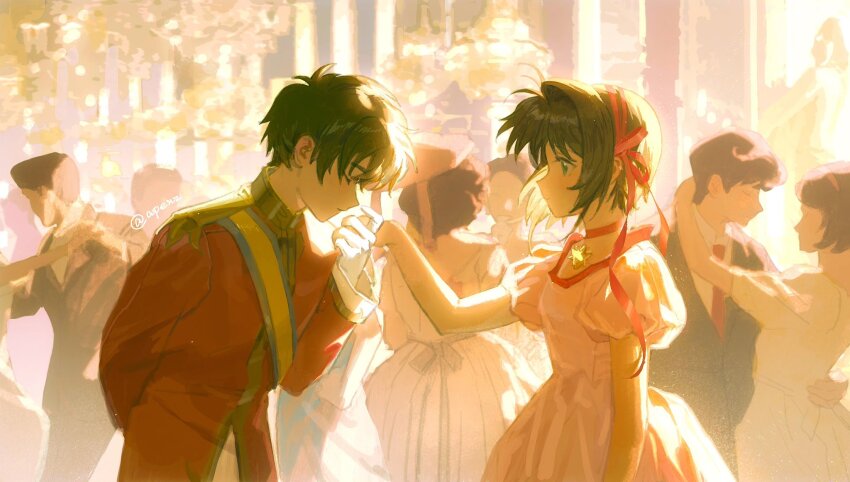 brown_hair cardcaptor_sakura choker closed_eyes couple crowd dress formal_clothes hetero highres holding_hands indoors jacket kinomoto_sakura li_syaoran ling5707 pink_dress puffy_short_sleeves puffy_sleeves red_jacket sash short_hair short_sleeves star_(symbol) star_choker suit