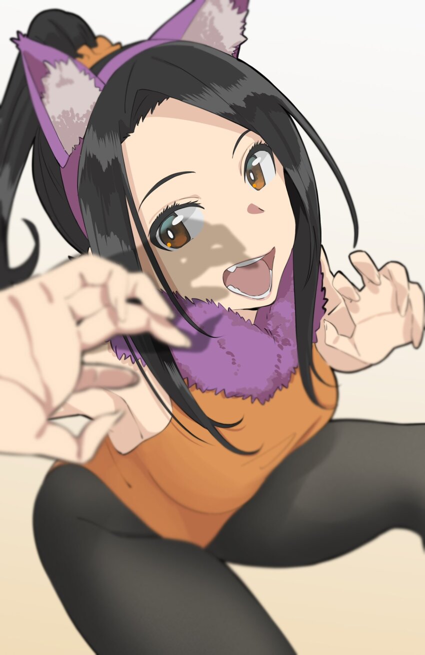 1girl akane_haruka_(sorairo_utility) animal_ear_fluff animal_ears black_hair black_pantyhose breasts bright_pupils brown_eyes cat_ears claw_pose fake_animal_ears fur_collar gradient_background hair_ornament hair_scrunchie headband high_ponytail highres large_breasts leotard long_hair looking_at_viewer open_mouth orange_leotard orange_scrunchie pantyhose ponytail purple_fur purple_headband saitou_kengo scrunchie shadow sidelocks sitting smile solo sorairo_utility yellow_background