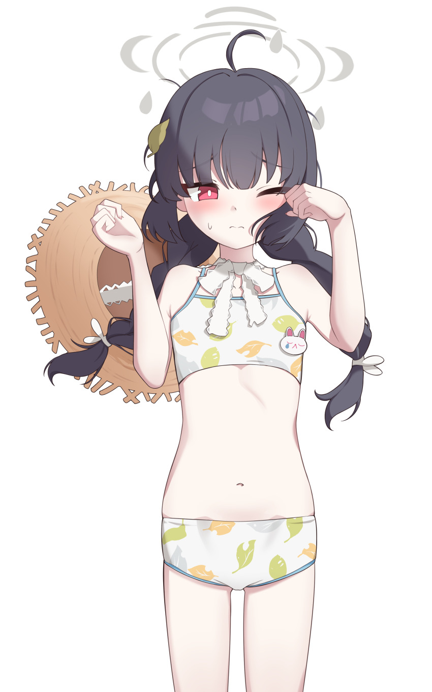 1girl absurdres ahoge baek_hyang&#039;geum bikini black_hair blue_archive braid grey_halo halo hat hat_on_back highres leaf leaf_on_head leaf_print long_hair miyu_(blue_archive) miyu_(swimsuit)_(blue_archive) navel one_eye_closed print_bikini red_eyes simple_background solo straw_hat sweatdrop swimsuit twin_braids white_background white_bikini